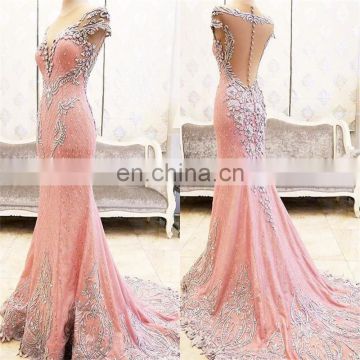 Luxurious Evening Dresses 2017 Illusion Deep V-Neck Crystals Beaded Sheer Back See Through Mermaid Formal Long Prom Dresses
