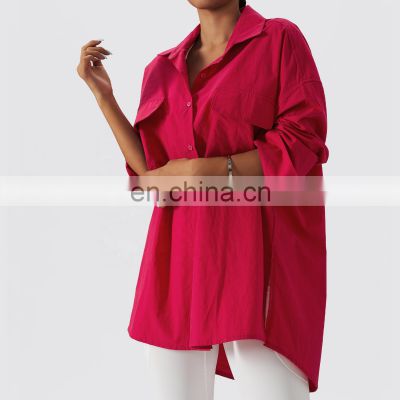 Women Long Line Cotton Loose Shirts Tops Custom Full Button Casual Pockets Blouse