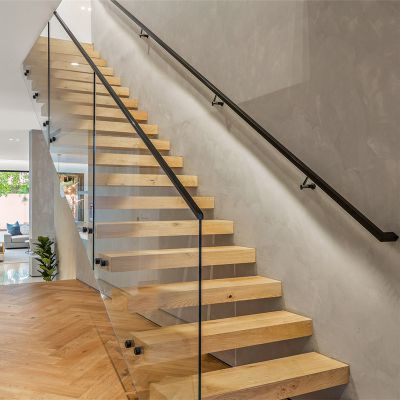 Custom Indoor stair wood step glass railing balustrade floating staircase