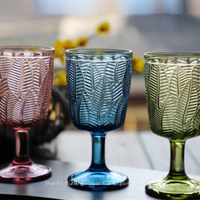 Factory Directly Cheap Wholesale Vintage Clear Blue Purple And Green Solid Colored Goblet Wine Glass Cup With Leaf Pattern