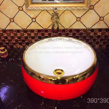 Sanitary ware Bathroom Art Basin India style Design Red round golden luxury no hole Color Wash Basin sink