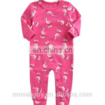 Factory Ins Popular Baby Girl Soft Cotton Romper Rose Pink With Flamingo Print Suit for 0-24 Months