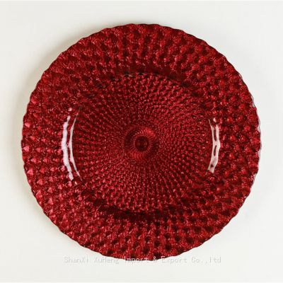 13 Inch Wholesale Tableware Red Colored Peacock Glass Charger Plate For Restaurant Dinner Tray Dish Wedding Sets