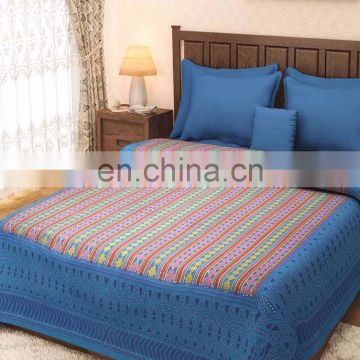 Rajasthani Turquoise Block Print Kantha Reversible Bed Cover