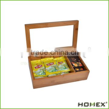 Bamboo Tea Box With Clear Acrylic Lid 8 Compartment Multipurpose Storage