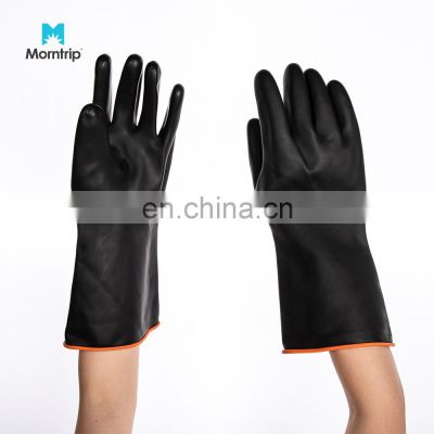 China Manufacturer Orange Flock Lined Waterproof Labour Protection Household Men Work Safety Rubber Gloves With Rolled Cuff