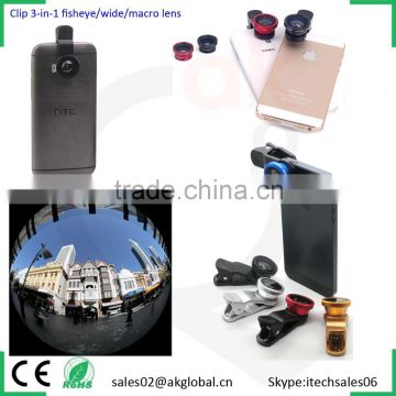 Universal Clip 180 degree fisheye lens+0.67x wide angle quick-changle to macro 3 in one lens kit for iphone samsung galaxy s5 s6