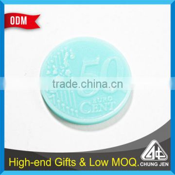 China Supplier embossed colorful euro cheap plastic trolley coin