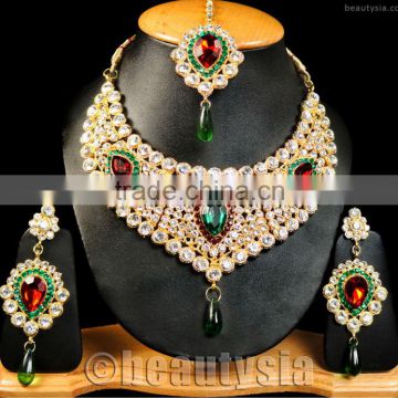 Bollywood Glamorous Kundan Jewelry Sparkle CZ Necklace Green & Maroon F015