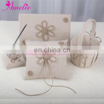 New Western Style Linen Material Wedding Ring Pillow Flower Basket Guestbook and Penholder 4pcs Set
