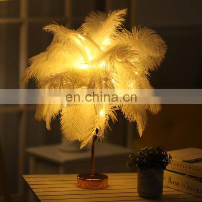 Creative Feather Table Lamp Warm White Light Tree Feather Lampshade Girl LED Wedding Decorative Lights