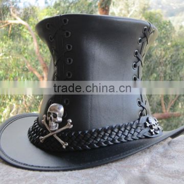 Black Leather Steampunk / Gothic Corset Top Hat/fashion western cowboy hats/Genuine Cowhide Leather cowboy hats/WB-CH-1212