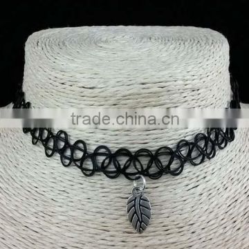 Black elastic nylon rope with antique silver alloy leaf choker necklace