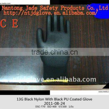 PU gloves . 13-Gauge Black Nylon Knit Shell with Black PU Coated gloves.