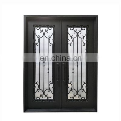 Modern flat top high quality decorative scrolls durable wrought iron exterior metal main front doors with iron and glass