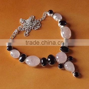 Rose Quartz, Black Onyx Necklace plated 925 Sterling Silver 64 Gms 18-20 Inches
