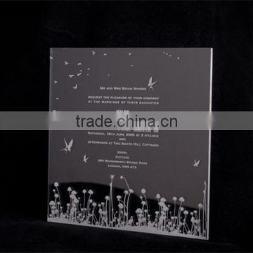 2016 hot sale lovely transparent acrylic wedding invitations with white screen printing
