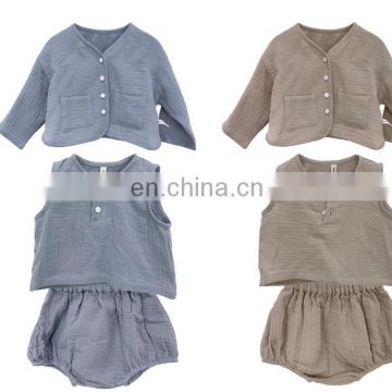 2020 New Baby Girls Boys 3 Pcs Set Coat+Vest+Shorts Autumn Cotton Linen Fashion Babys Suits
