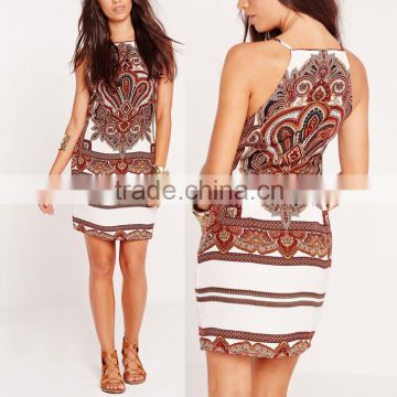Pakistan style woman ethnic baroque print apron halter sleeveless mini dress