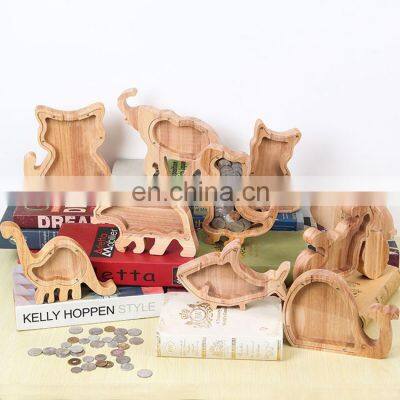 Custom wooden cartoon transparent piggy coin bank pig kids money saving storage cash collecting box safe surprise gift