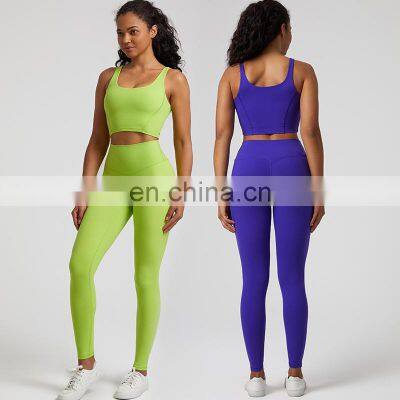 Hot Selling Custom Logo U Back Sports Bra Crop Top Beautiful V Contour Seam High Waist Leggings Yoga Fitness Gym Set For Women