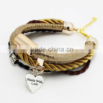 New Vintage Fashion Simple Metal Made With Love Heart Multilayer Leather Bracelet