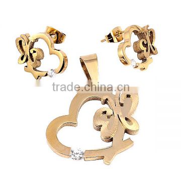 SRS0065 Gold PVD Coating Heart and Butterfly Charm CZ Diamond Setting 316L Stainless Stell Jewelry Set