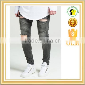 Latest design high quality men 's khaki denim men's strech biker big holes jeans made in china
