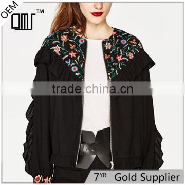 2017 custom designs women round neck embroidered jacket with frills