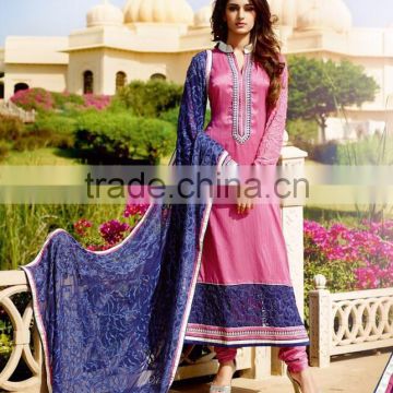 Charming lite Pink Color Straight Cut Bottom Zari embroidery Border Hi neck Designer Semi Stitch Salwar Kameez