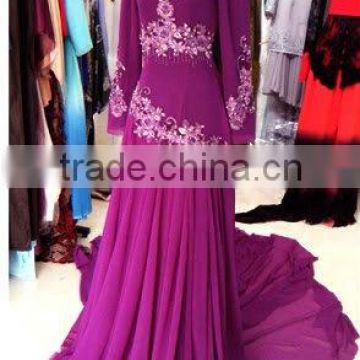 Elegant Purple Chiffon Lace Applique Long Sleeve Muslim Evening Dress