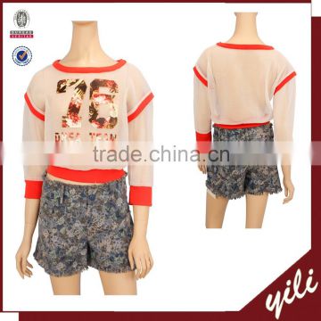 latest designer lady transparent blouse printed mesh tops for woman