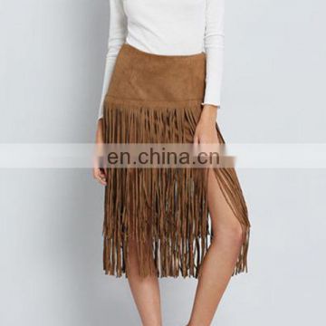 High quality Suede tassel woman straight skirt with layer design