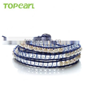 Topearl Jewelry 2016 Potato White Freshwater Pearl and Crystal Bracelet Woven Leather Wrap Girls Fancy Bracelets CLL167