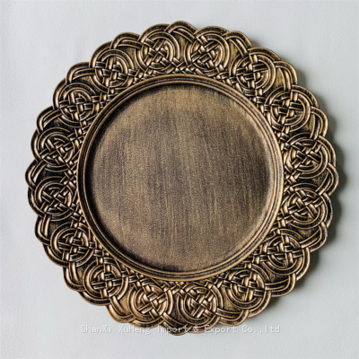 Wholesale Wedding Party Table Decor Antique Gold Colored Round Reusable 13 inches Plastic Charger Plates