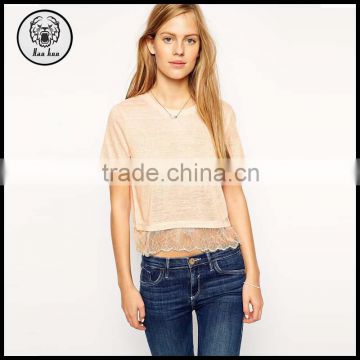 ladies Cropped T-Shirt In Textured Fabric With Lace hem