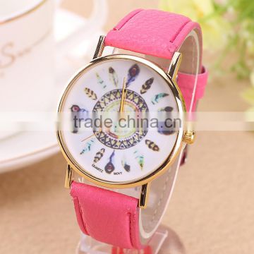 promotion gifts lady leather wrist watch with feather design,gold electro-plated quartz wrist watch