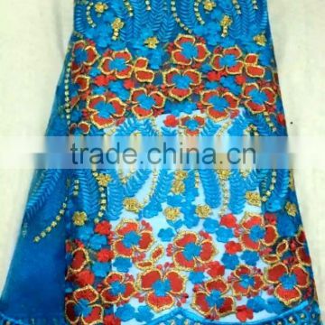 YL009-2 turkeyblue color chemical lace embroidery fabric gold thread swiss french tulle fabric