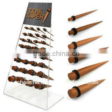 Display with 32 pcs. of sawo wood tapers with double rubber O-ring - size 12g to 00g (2mm - 10mm)