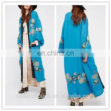 Blue Floral Embroidery Plus Size Kimono Robe With Long Sleeve On Sale