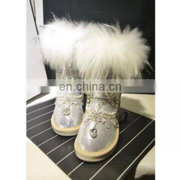 Aidocrystal ladies faux fur Handmade Rhinestone warm half boot winter snow boots with crystals