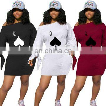 Long Sleeve Dresses Women Fashion 2021 Poker Print One Shoulder Solid Mini Woman Dress Casual Streetwear Plus Size Vestidos