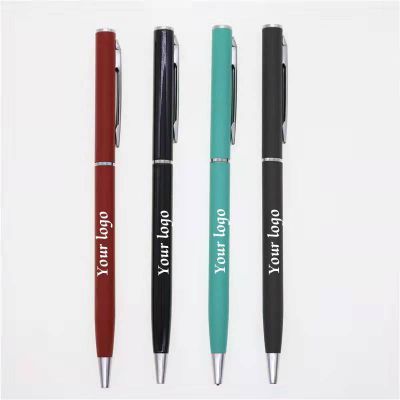 Custom Pantone Color And Campany Logo Slim Metal Ballpoint Pen With Silver Accents
