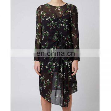 Round neck Floral printed chiffon printed dress with ruffled details