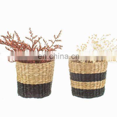 Best Seller Woven Natural Black Stripe Mini Seagrass Planter Set of 2 Storage Basket Plant Holder Wholesale