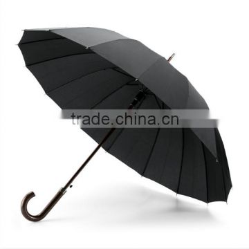 25"x16k long auto open metal frame polyester mono color umbrella with Wooden color curve handle