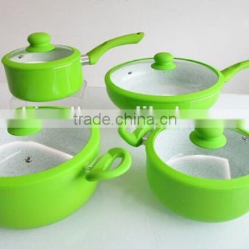 8pcs green color kitchen cookware set with marble coating