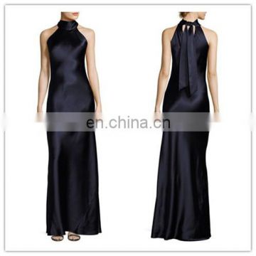 Online Tie-Neck Sleeveless Mermaid Sihouette Silk Dark Blue Prom Dresses