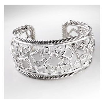 DY Sterling Silver 925 Pave Cubic Zircon Wide Tapestry Cuff Bracelet for Women