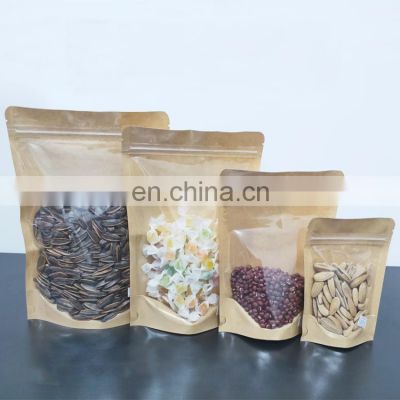 Free Sample Custom Printed Airtight Food Top Zip Kraft Paper Pouches with Clear Window Snack Nuts Packaging Bag with Zipper